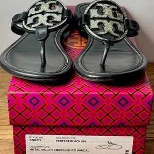 Tory Burch Black and silver crystal bling Miller Sandal